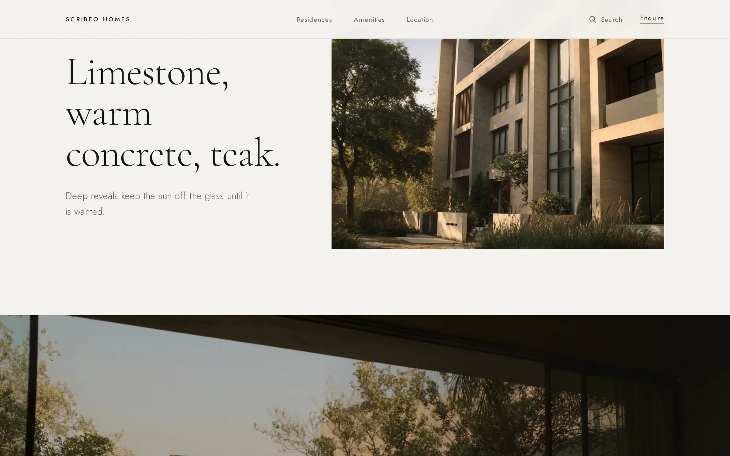 Scribeo Homes: the materials story, limestone, warm concrete and teak.