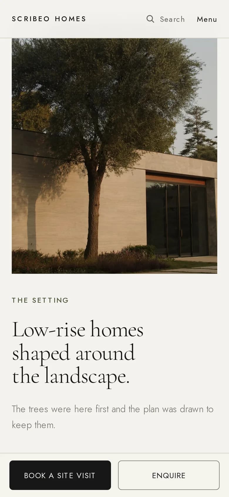 Scribeo Homes on a phone: “Low-rise homes shaped around the landscape.” with site-visit and enquiry buttons.
