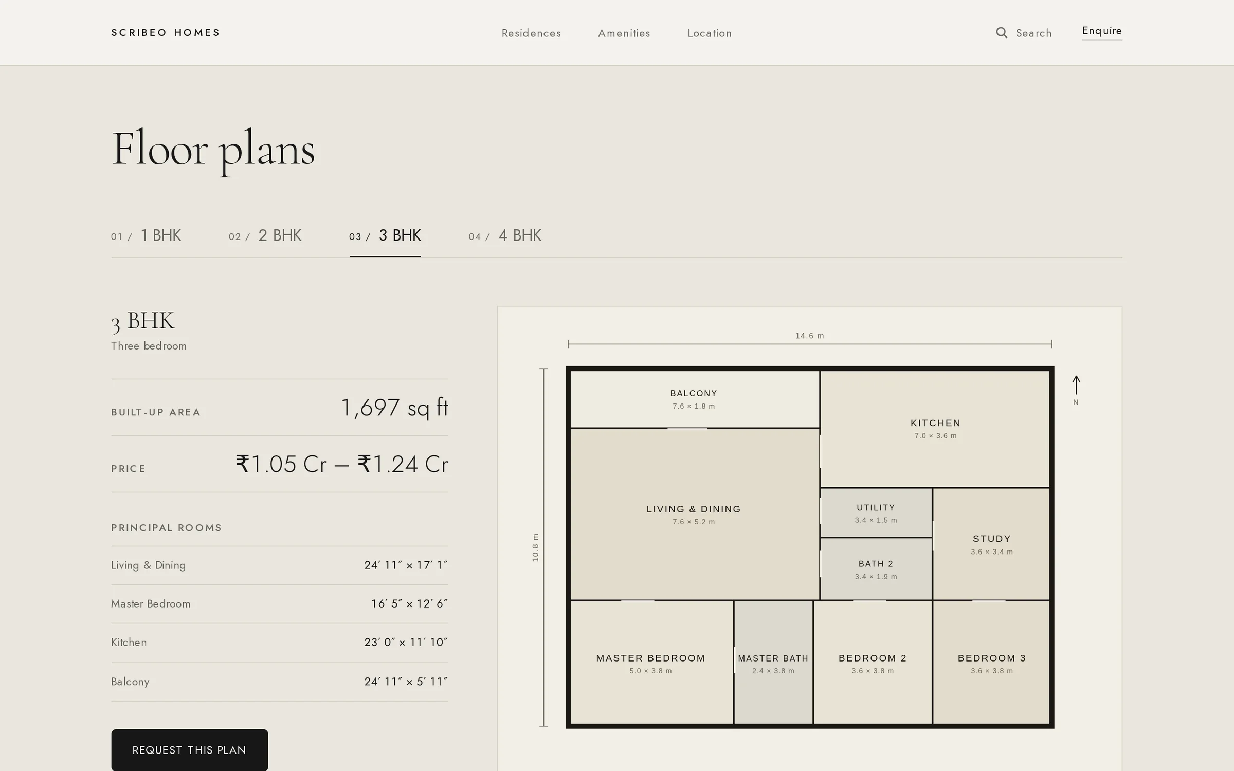 Scribeo Homes: an interactive floor plan for the three-bedroom residence.