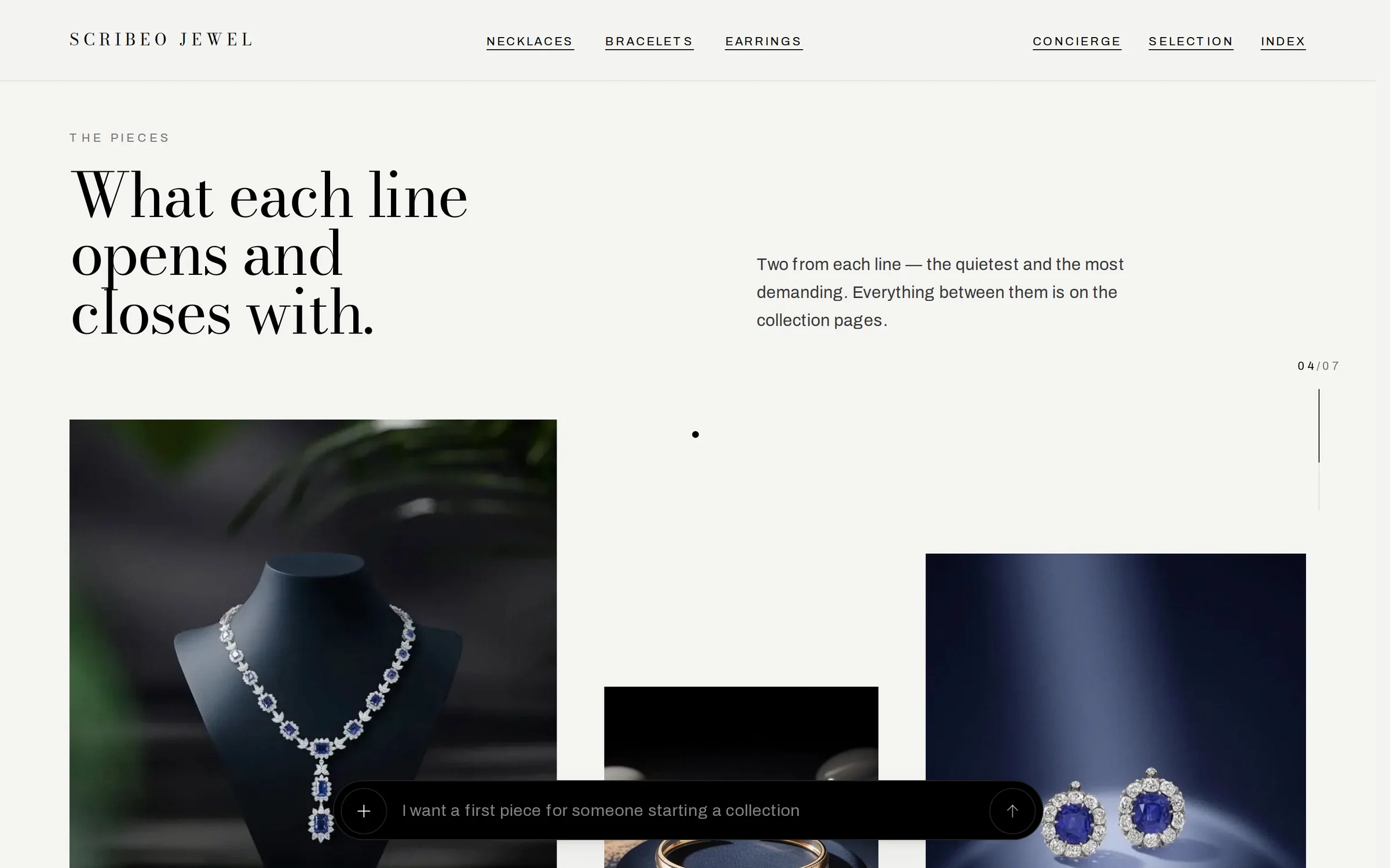 The interactive jewellery experience: “What each line opens and closes with”, pieces from each line.