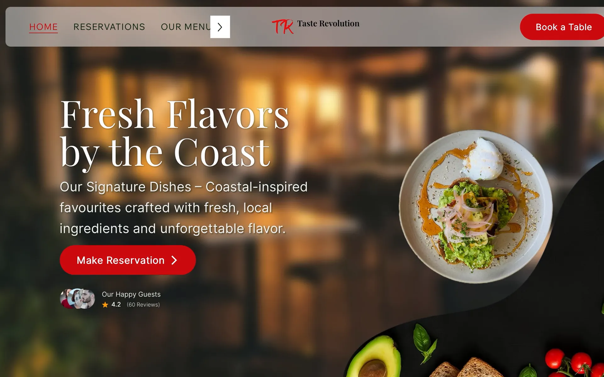 Taste Revolution: “Fresh Flavors by the Coast” over a warm, softly lit dining room, a plated dish on the right.