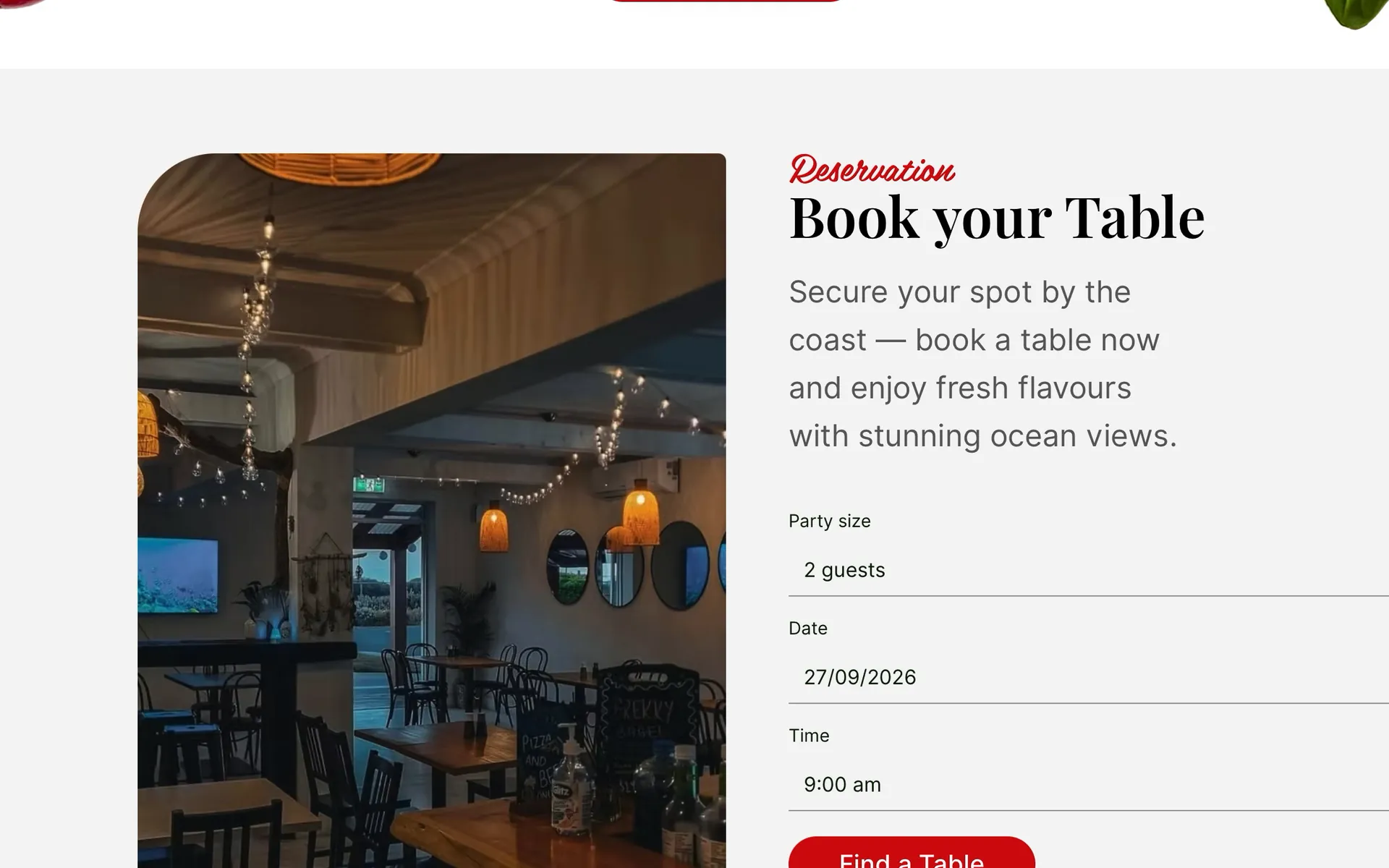 Taste Revolution: “Book your table”, the reservation form beside the lamp-lit dining room.